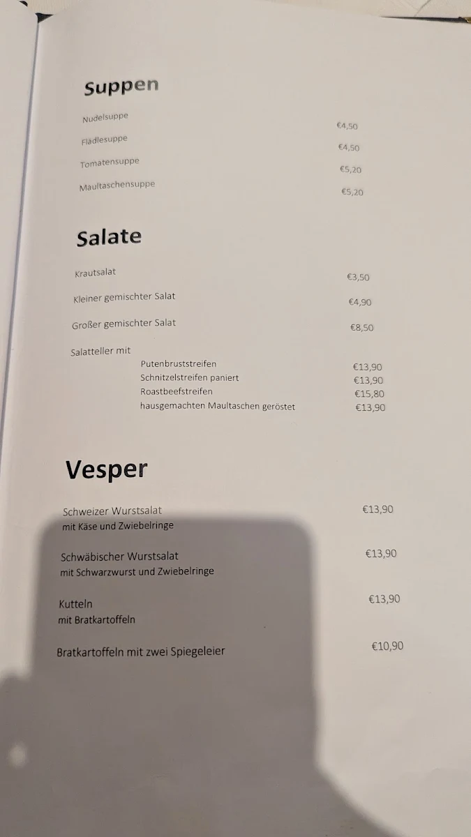 Speisekarte, Siedlerheim Esslingen