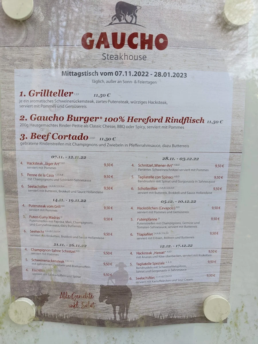 Speisekarte, Gaucho Steakhouse