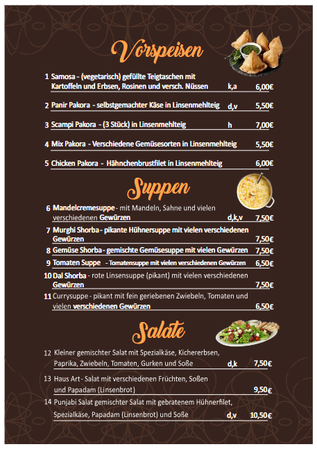 Speisekarte, Indisches Restaurant Badshah Bad Wildungen
