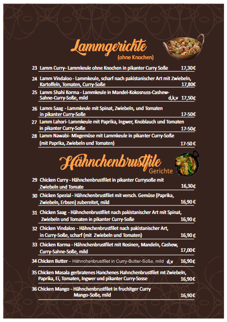 Speisekarte, Indisches Restaurant Badshah Bad Wildungen