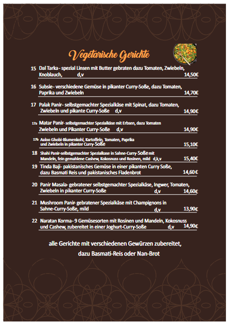 Speisekarte, Indisches Restaurant Badshah Bad Wildungen