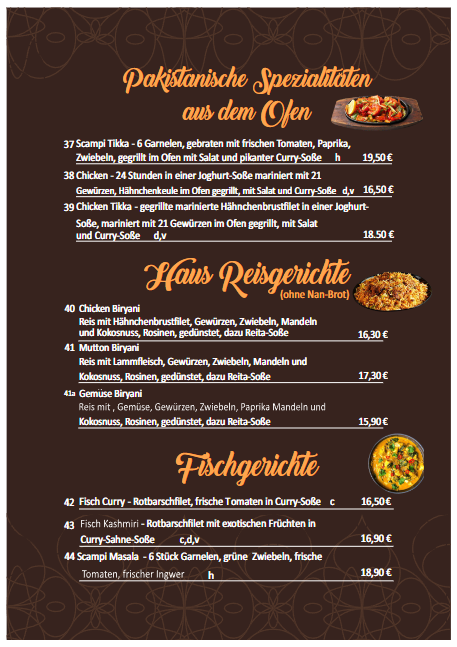 Speisekarte, Indisches Restaurant Badshah Bad Wildungen