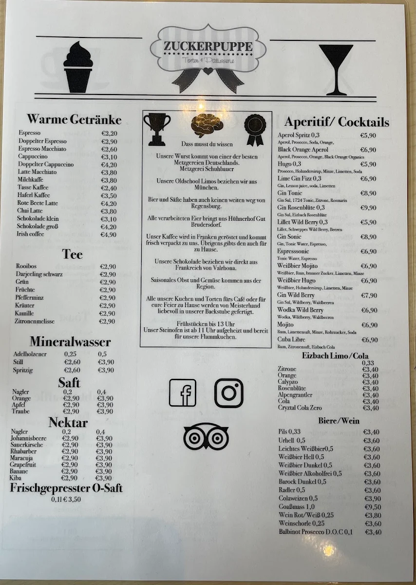 Speisekarte, Café Zuckerpuppe