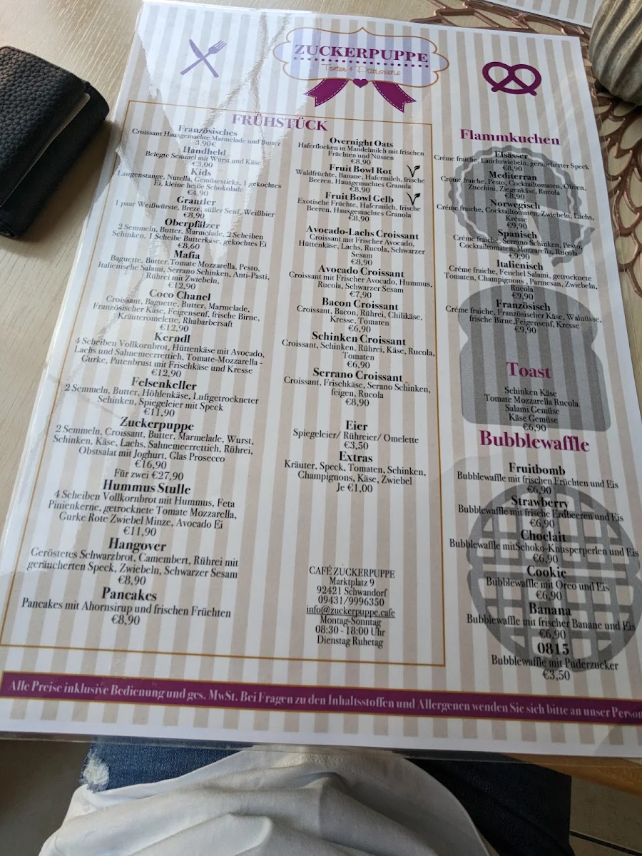 Speisekarte, Café Zuckerpuppe