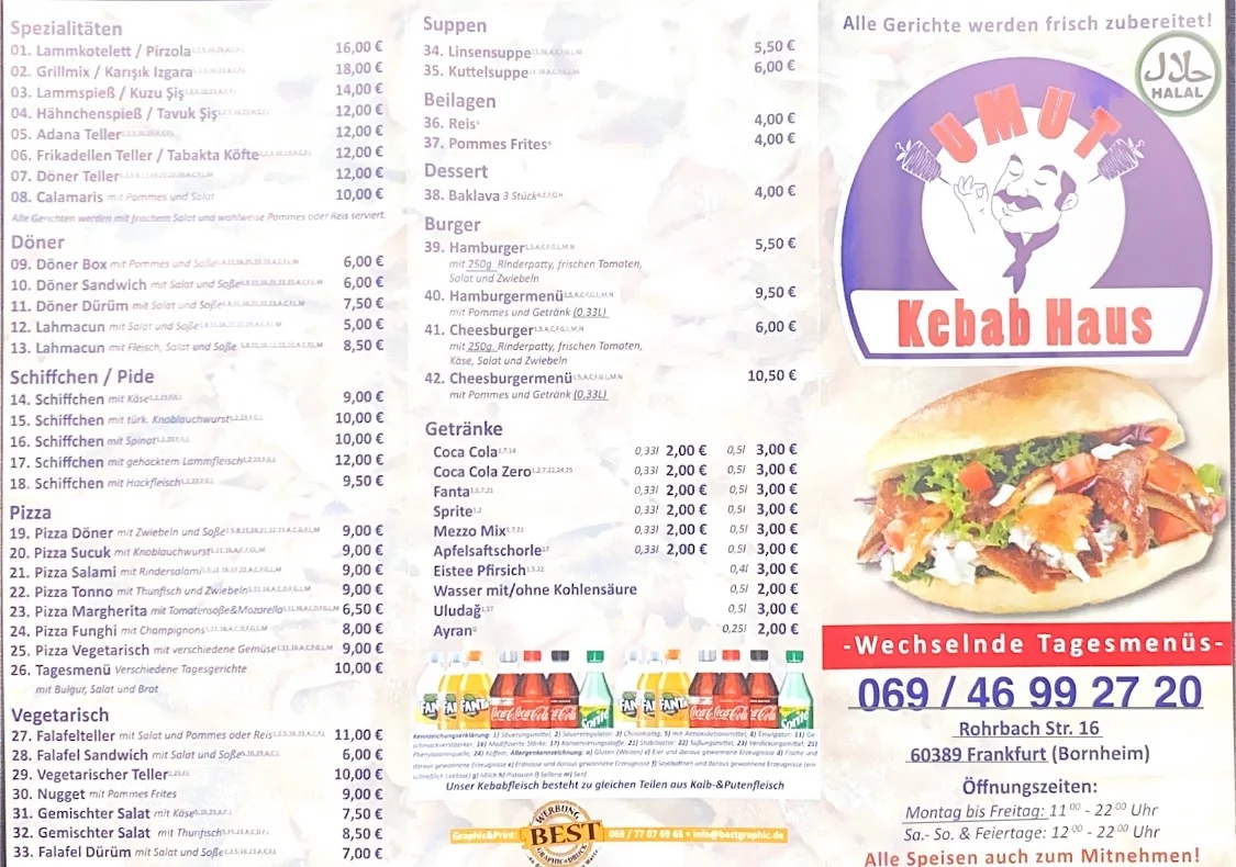 Speisekarte, Umut Kebab Haus