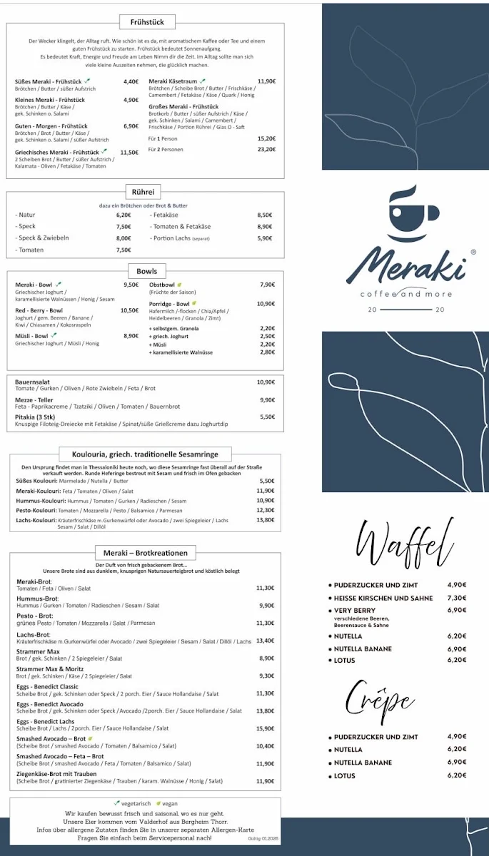 Speisekarte, Meraki-Café
