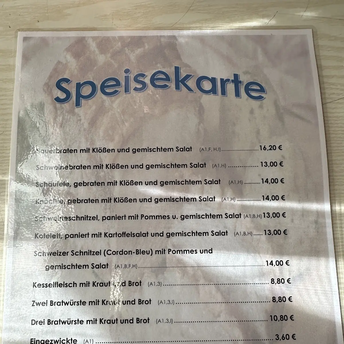 Speisekarte, Gasthaus Sturm