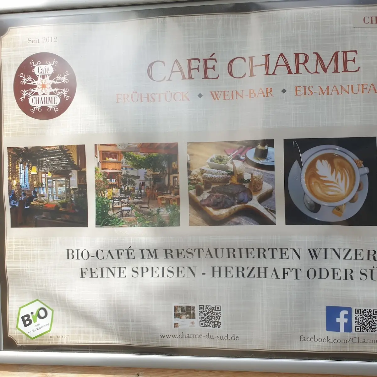 Speisekarte, Café Charme und Bio-Eis Manufaktur