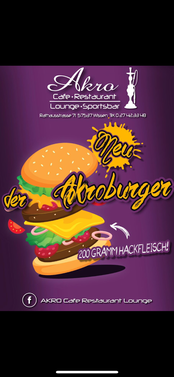 Speisekarte, AKRO Cafe Restaurant Lounge Sportsbar