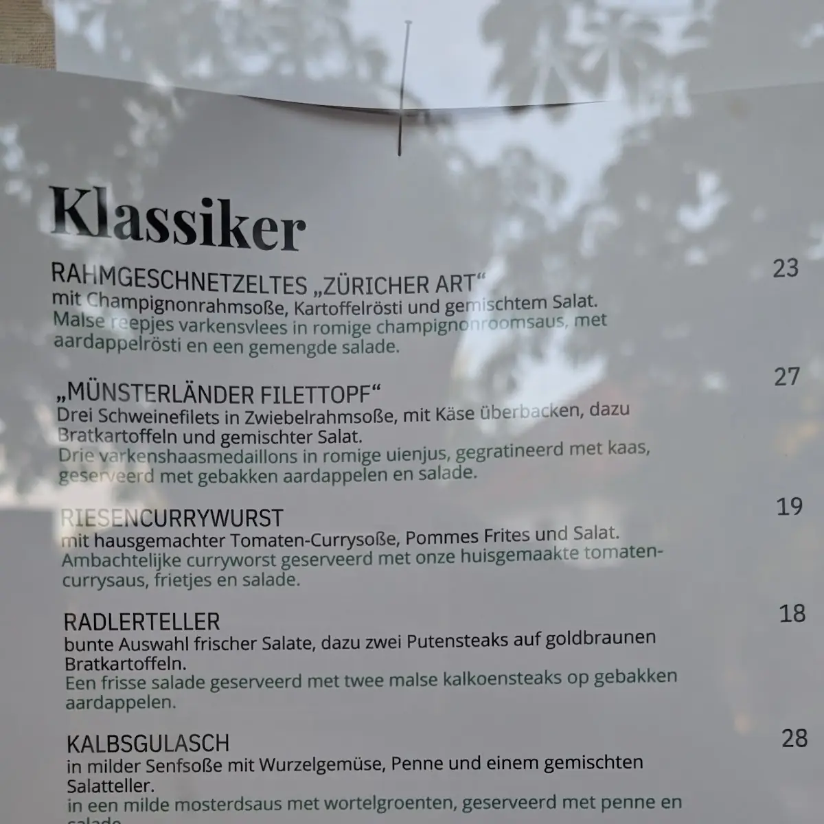 Speisekarte, Hotel Restaurant Kloppendiek