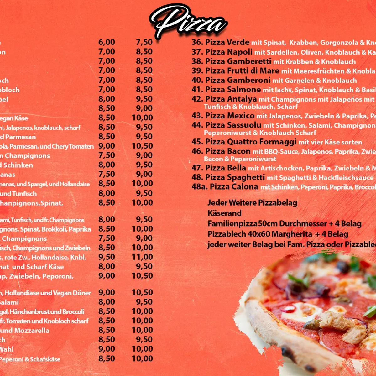 Speisekarte, Bibos pizzeria und mehr