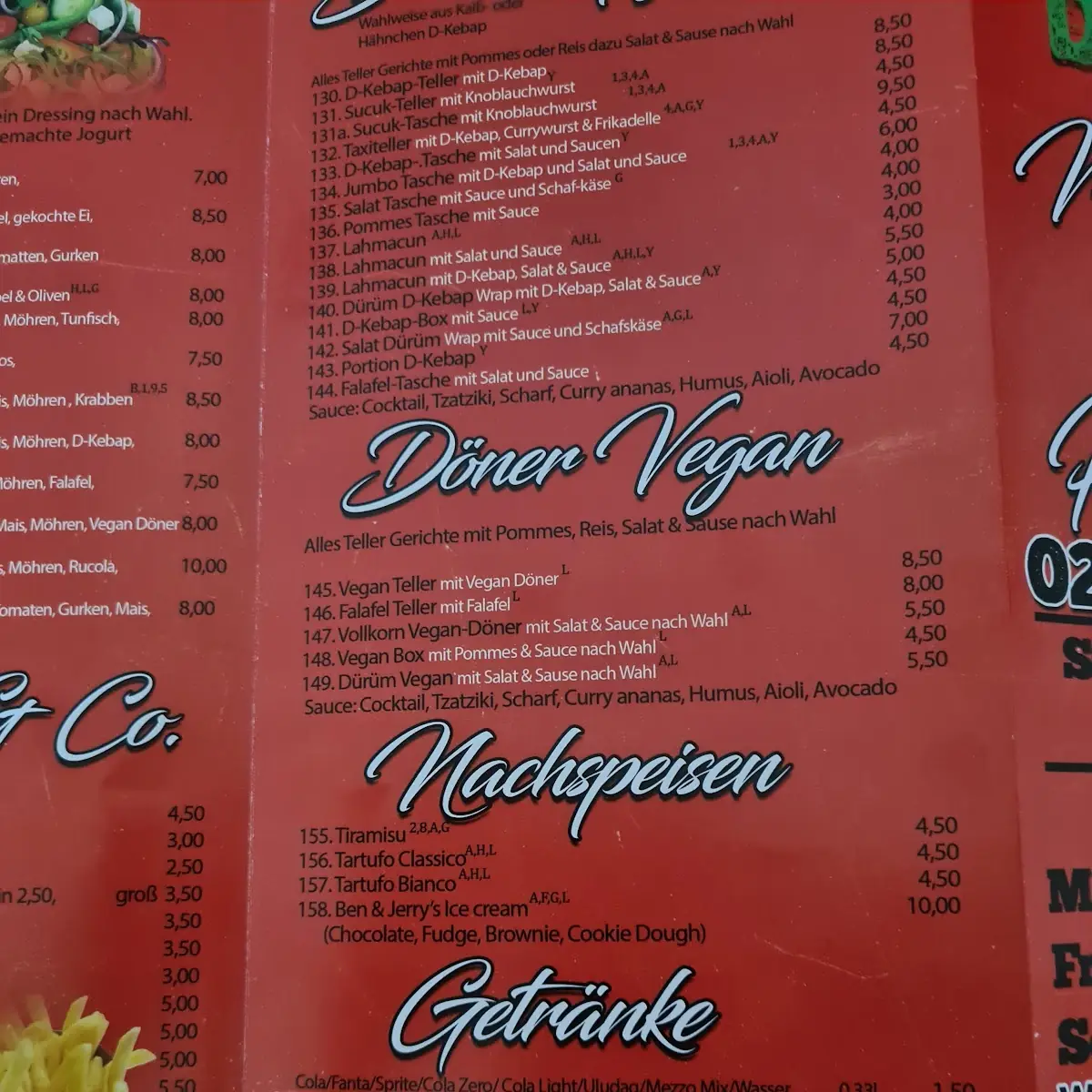 Speisekarte, Bibos pizzeria und mehr