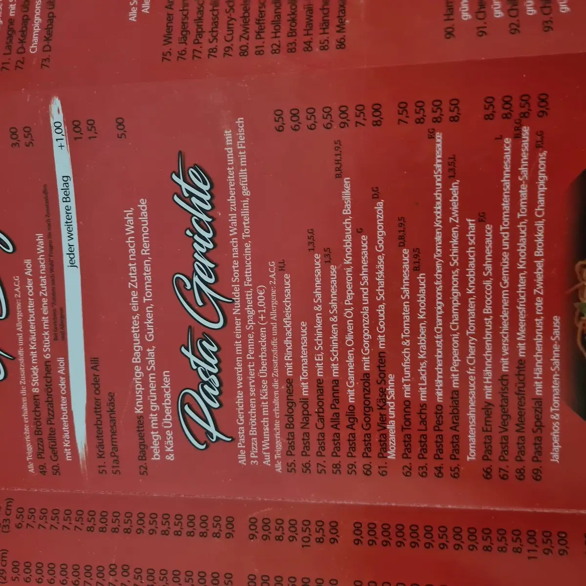 Speisekarte, Bibos pizzeria und mehr