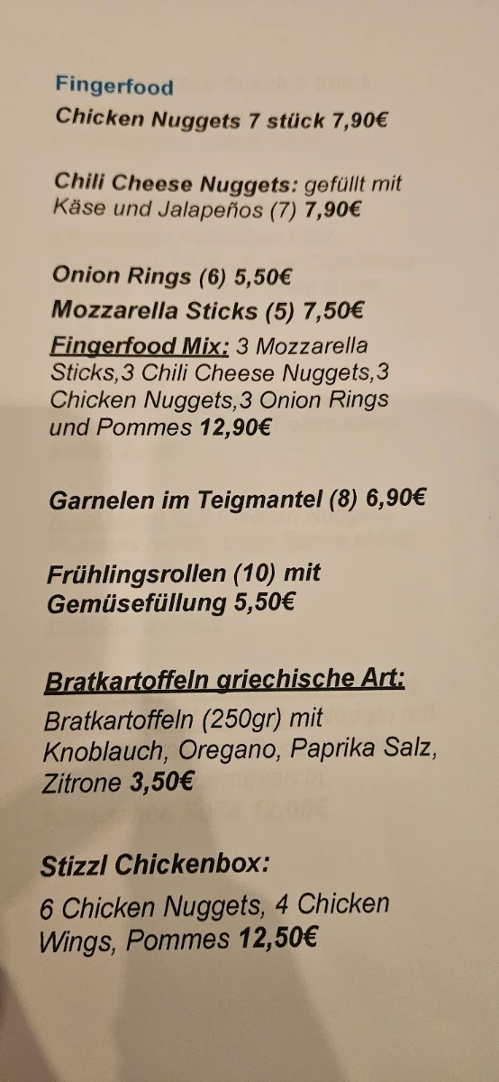 Speisekarte, Imbiss Stizzl