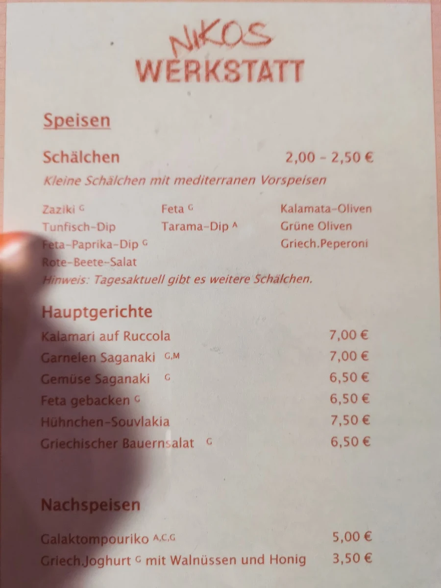 Speisekarte, Bistro Nikos Werkstatt Enothek