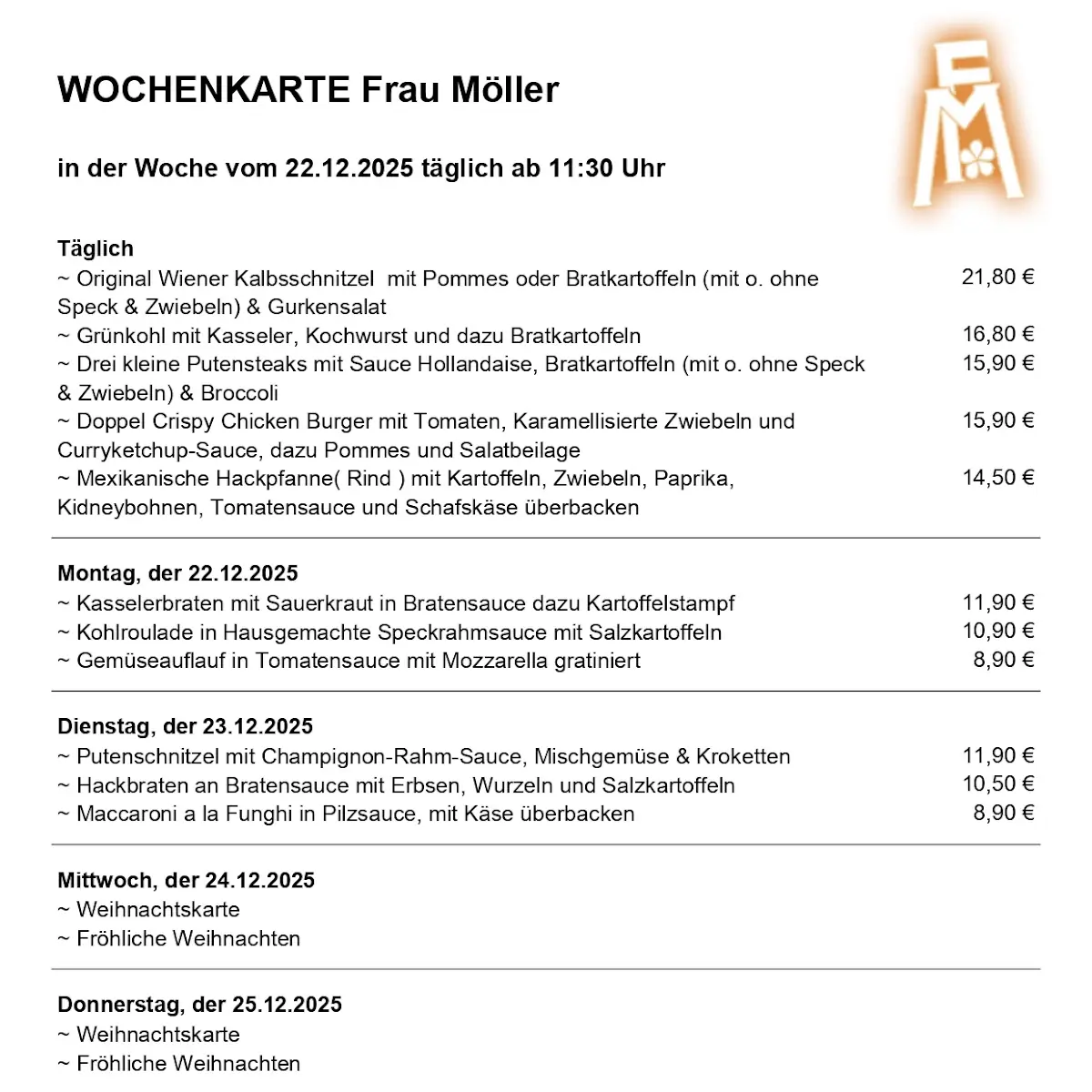 Speisekarte, Frau Möller