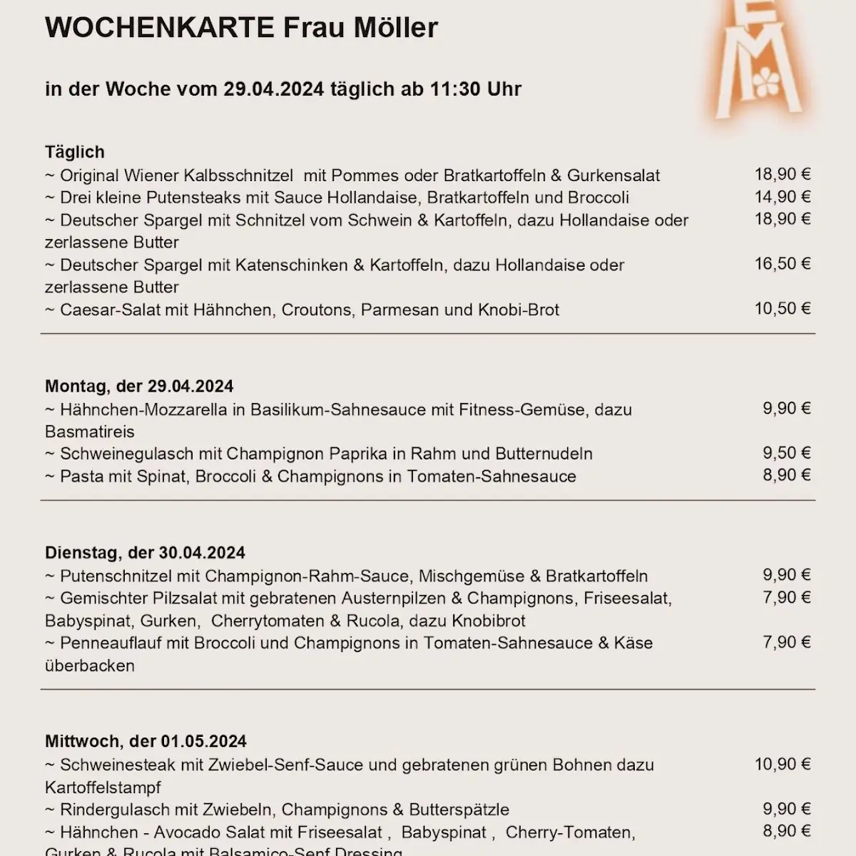 Speisekarte, Frau Möller