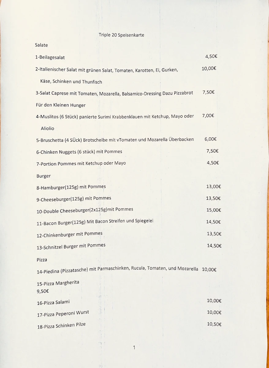 Speisekarte, Triple 20 - Imbiß zum Mitnehmen