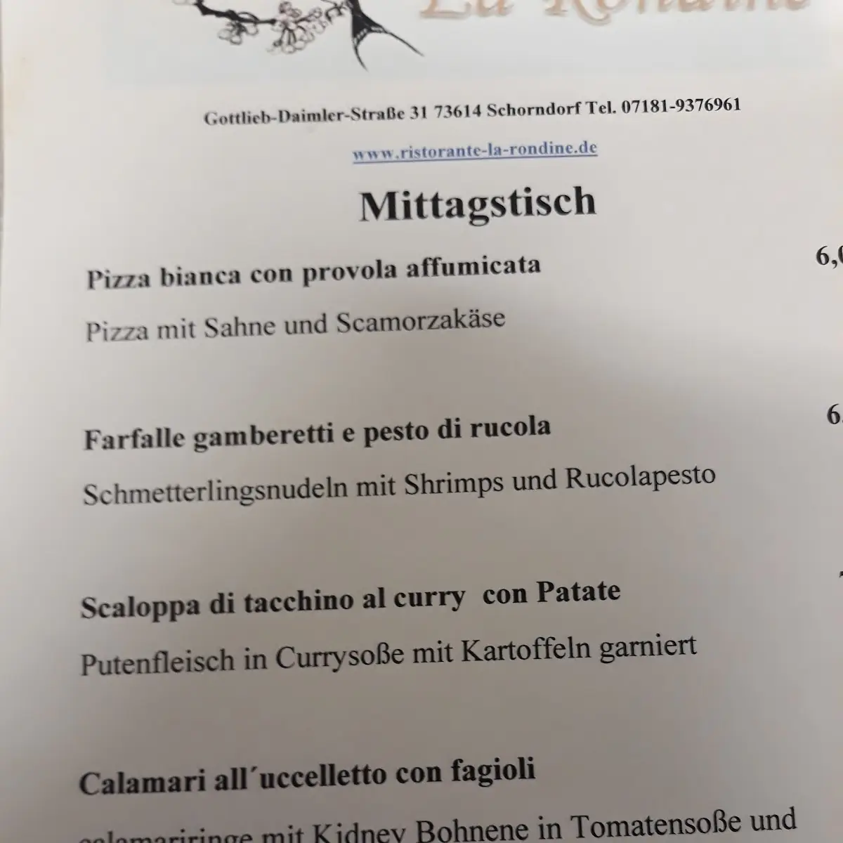 Speisekarte, La Rondine
