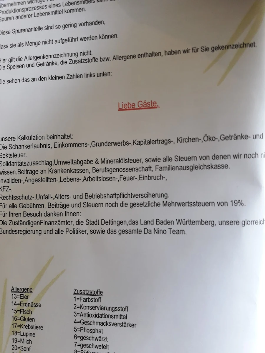 Speisekarte, Ristorante Da Nino