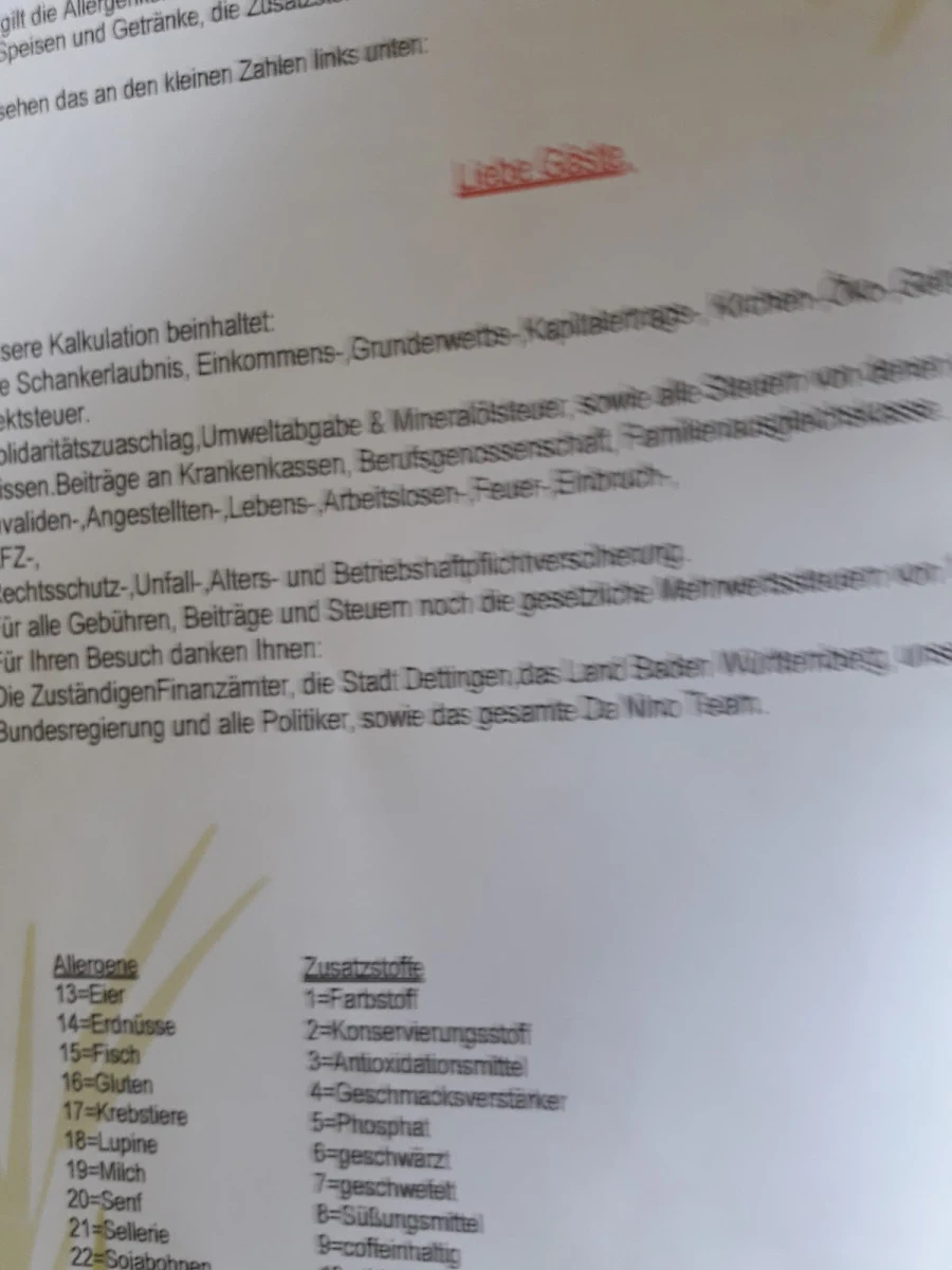 Speisekarte, Ristorante Da Nino