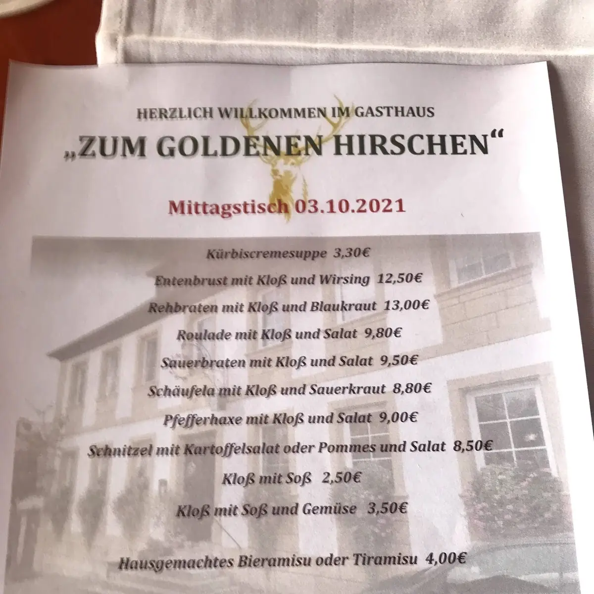 Speisekarte, Birgit Reichstein Gaststätte