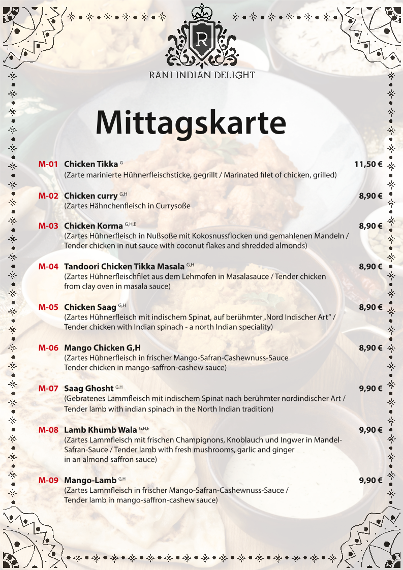 Speisekarte, Rani Indian Delight