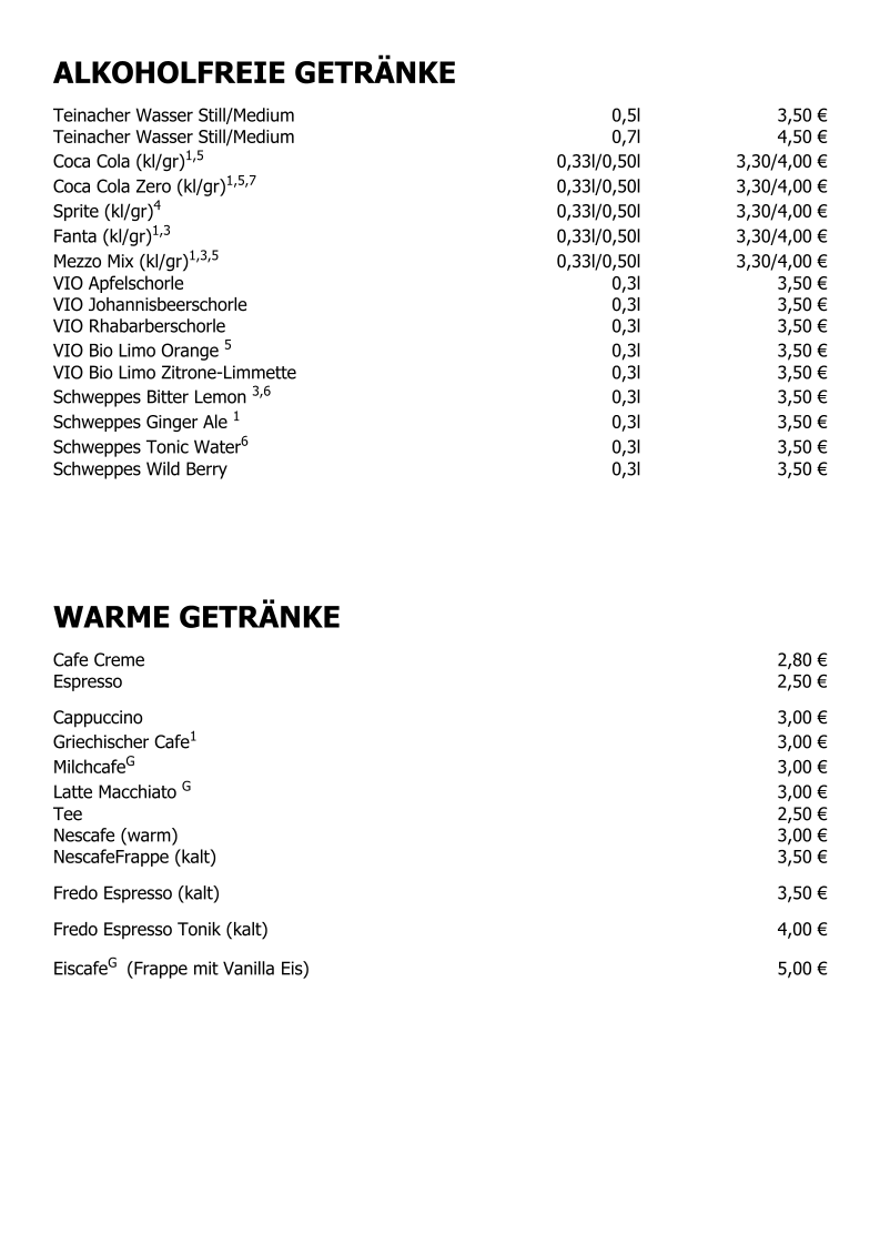 Speisekarte, Blaue Olive Taverne