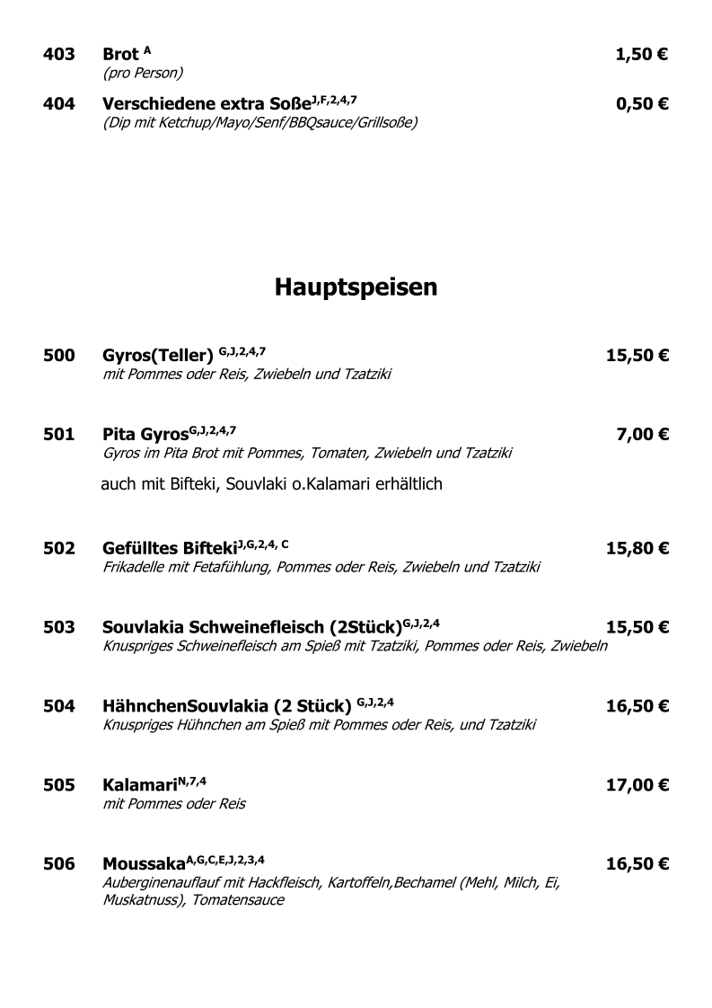 Speisekarte, Blaue Olive Taverne
