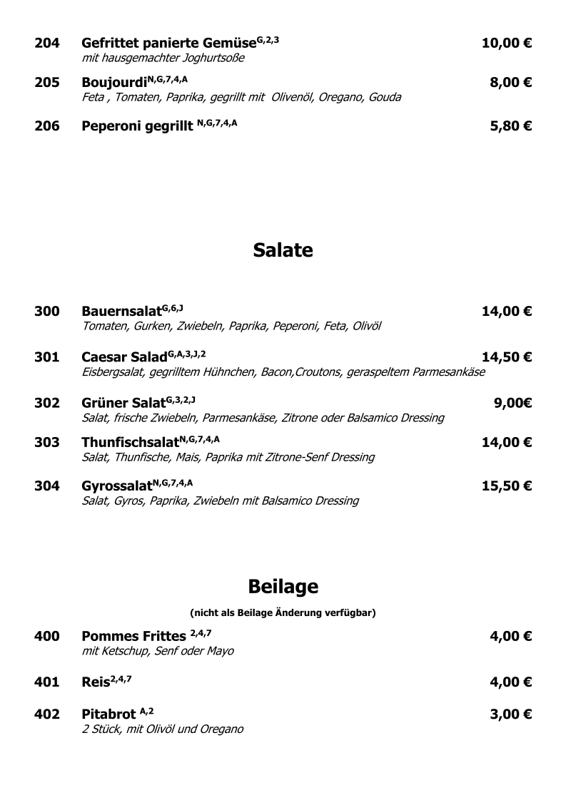 Speisekarte, Blaue Olive Taverne