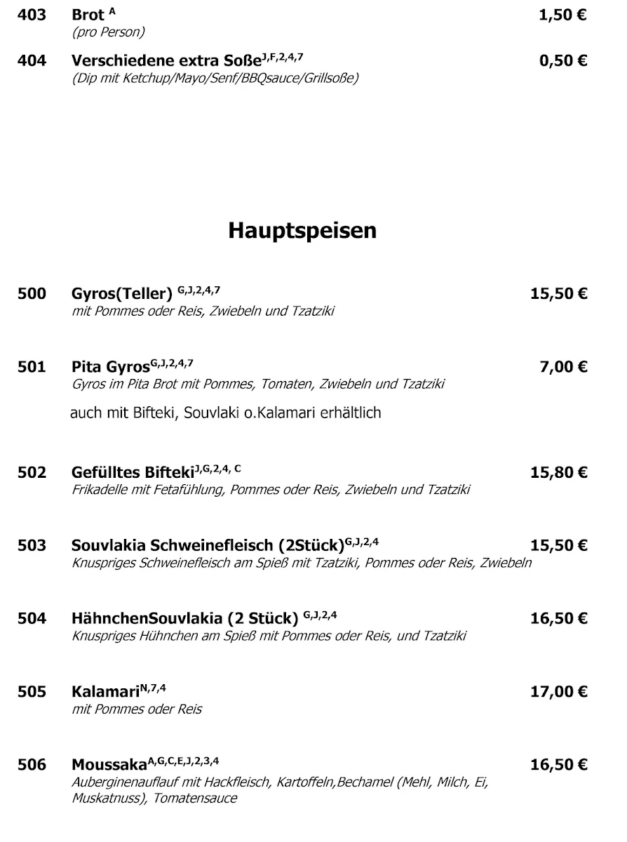 Speisekarte, Blaue Olive Taverne