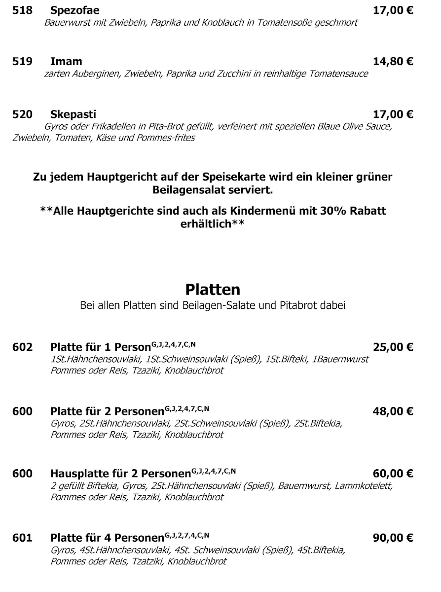 Speisekarte, Blaue Olive Taverne