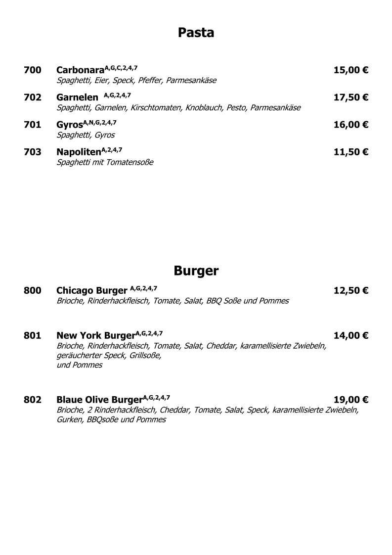 Speisekarte, Blaue Olive Taverne
