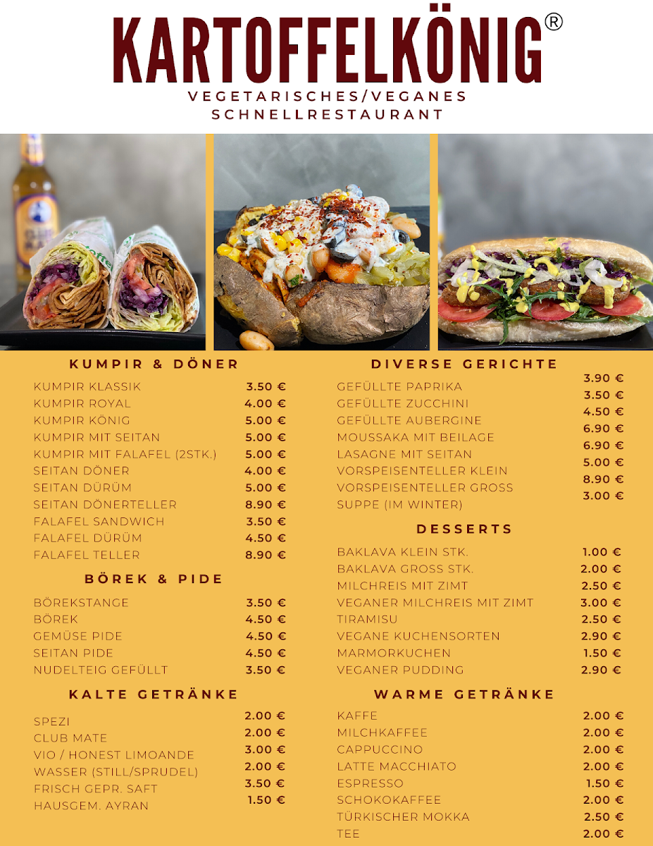 Speisekarte, Kartoffelkönig (vegan Döner und Kumpir)