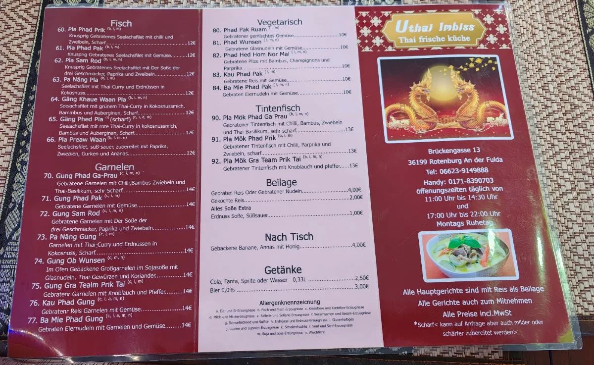 Speisekarte, Uthai Imbiss Thai frische Küche