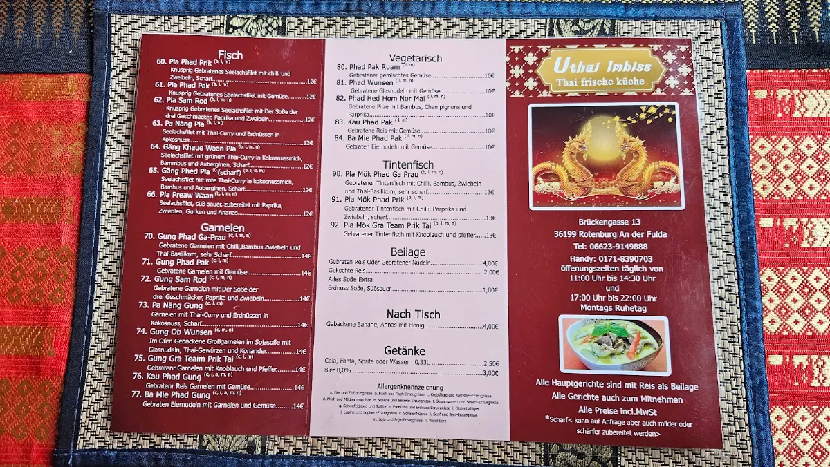 Speisekarte, Uthai Imbiss Thai frische Küche