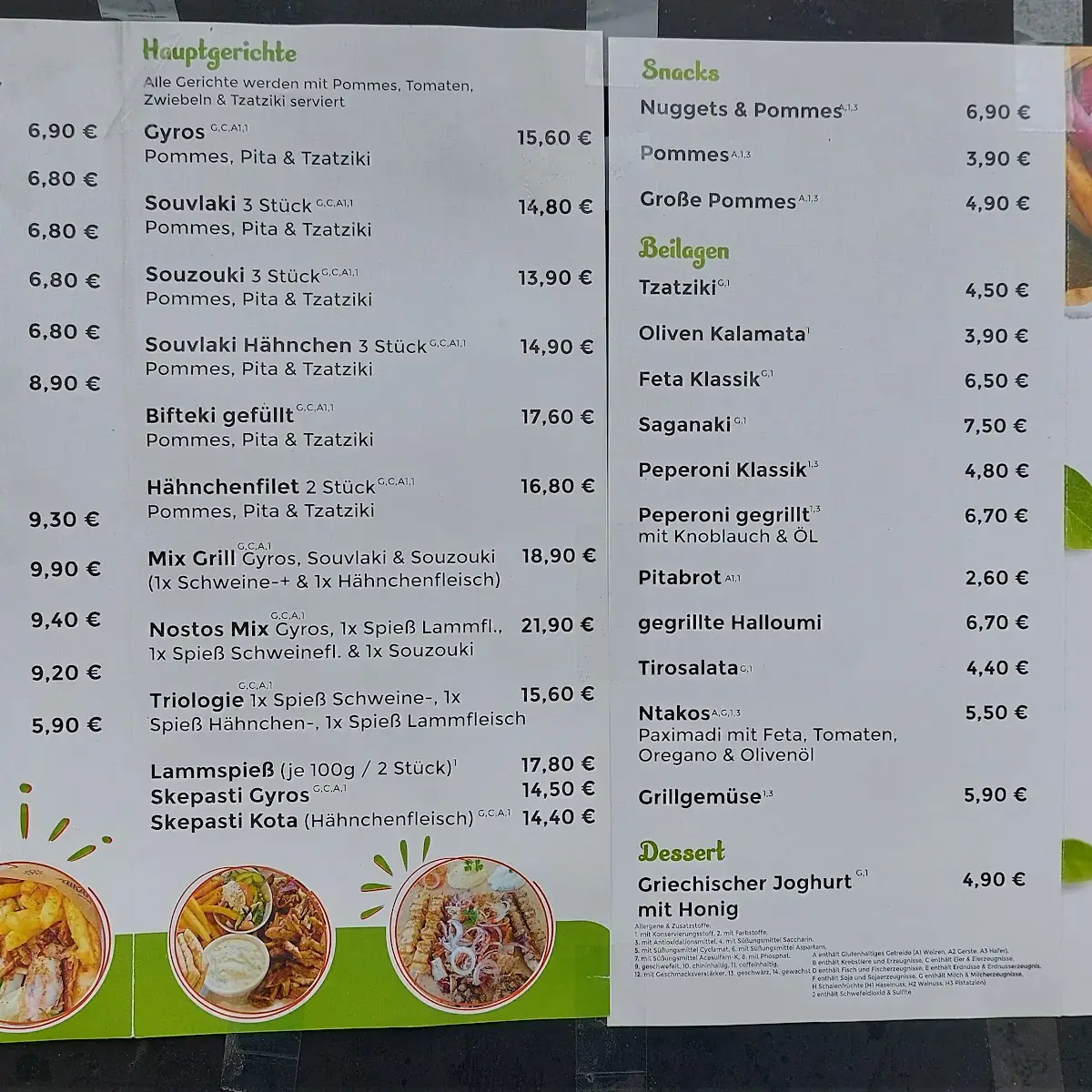 Speisekarte, Nostos Greek Cuisine