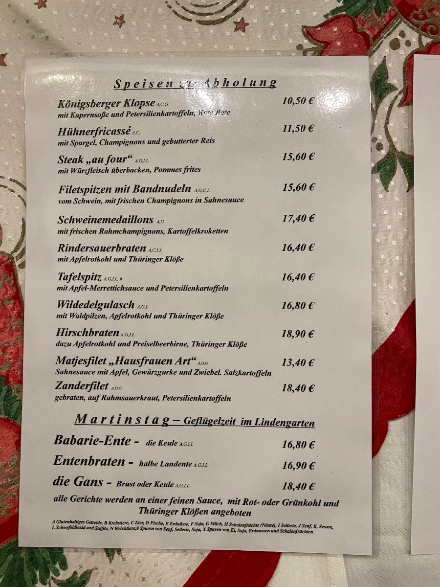 Speisekarte, Lindengarten Cafè-Restaurant