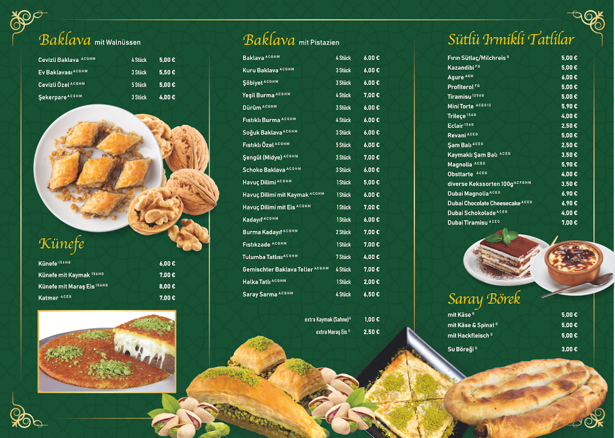 Speisekarte, Şengüloğlu Antep Baklava