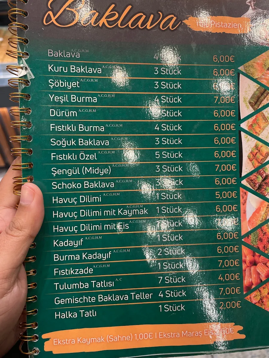 Speisekarte, Şengüloğlu Antep Baklava