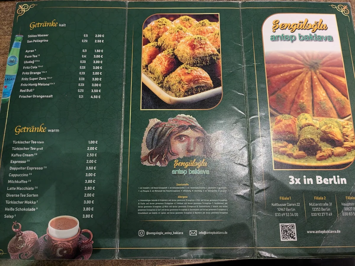 Speisekarte, Şengüloğlu Antep Baklava