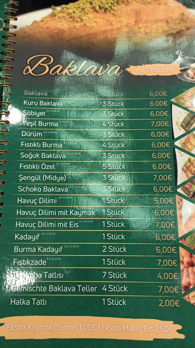 Speisekarte, Şengüloğlu Antep Baklava