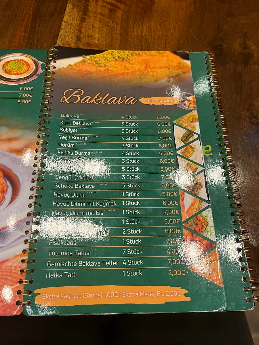 Speisekarte, Şengüloğlu Antep Baklava