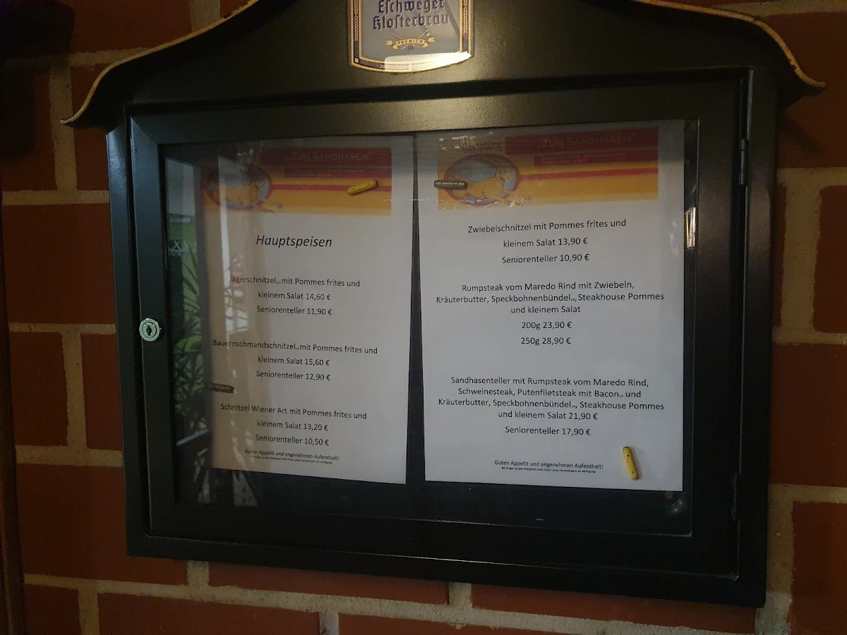 Speisekarte, Bürgerhausgaststätte Zum Sandhasen