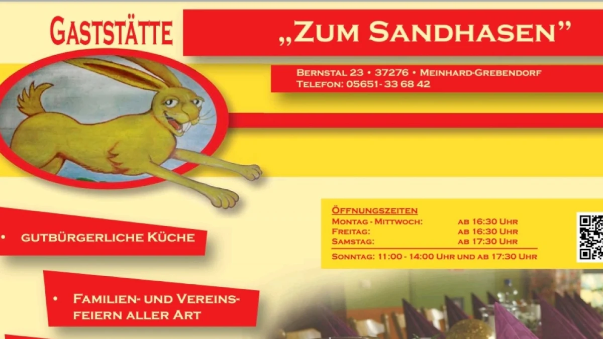 Speisekarte, Bürgerhausgaststätte Zum Sandhasen