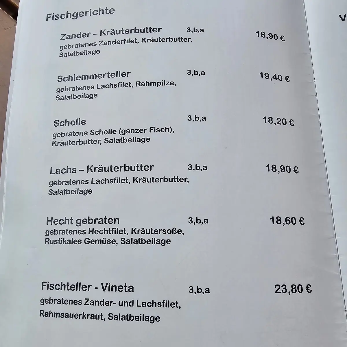 Speisekarte, Restaurant VINETABLICK