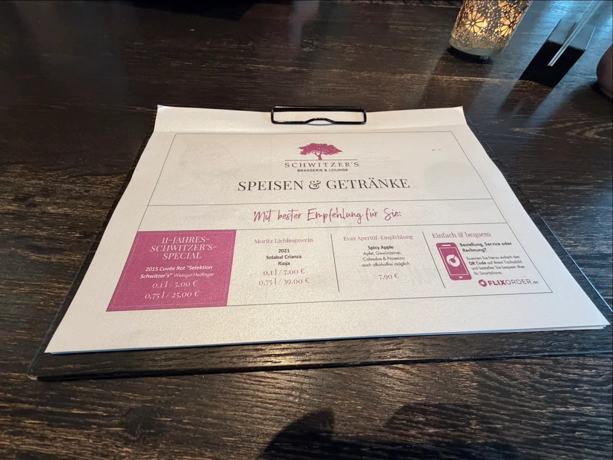 Speisekarte, Schwitzer’s Brasserie & Lounge