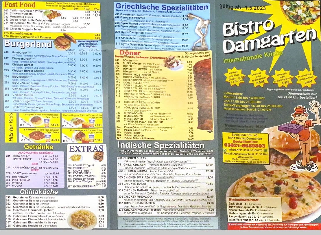Speisekarte, BISTRO DAMGARTEN