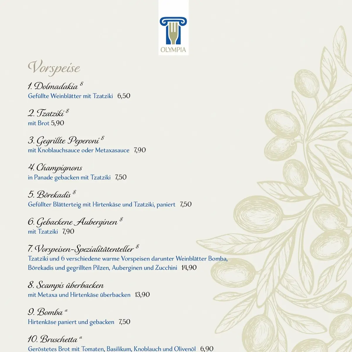 Speisekarte, Restaurant Olympia