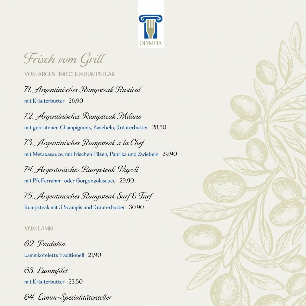 Speisekarte, Restaurant Olympia